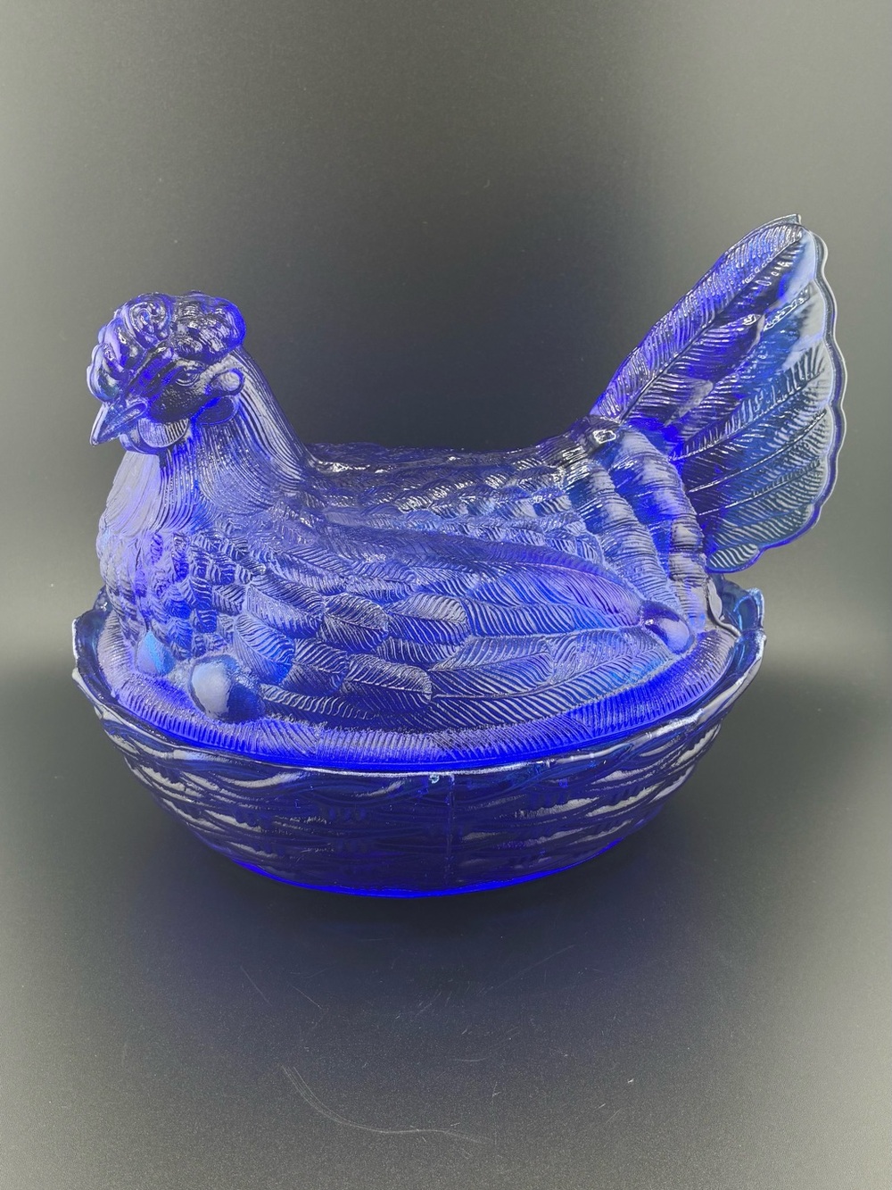 Large Cobalt Blue Glass Hen on Nest Candy Dish